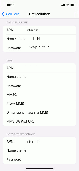 Configurazione APN TIM su iPhone X