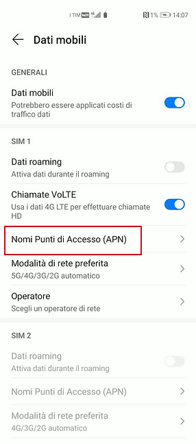 Configurazione APN su EMUI