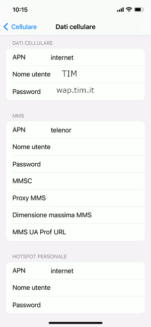Configurazione APN TIM su iPhone