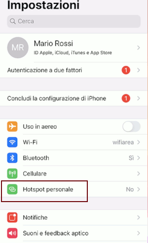 Configurazione Hotspot su iPhone