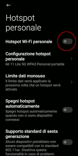 Configurazione Hotspot su Xiaomi